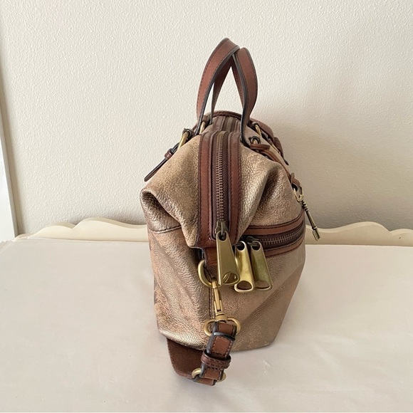 Fossil Explorer Leather Metallic Gold Brown Crossbody Large Satchel Tote Bag - Picture 3 of 8